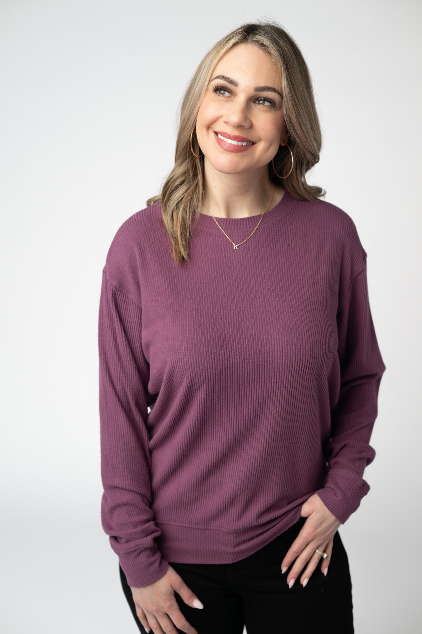 Corrine Ribbed Pullover Top-Purple