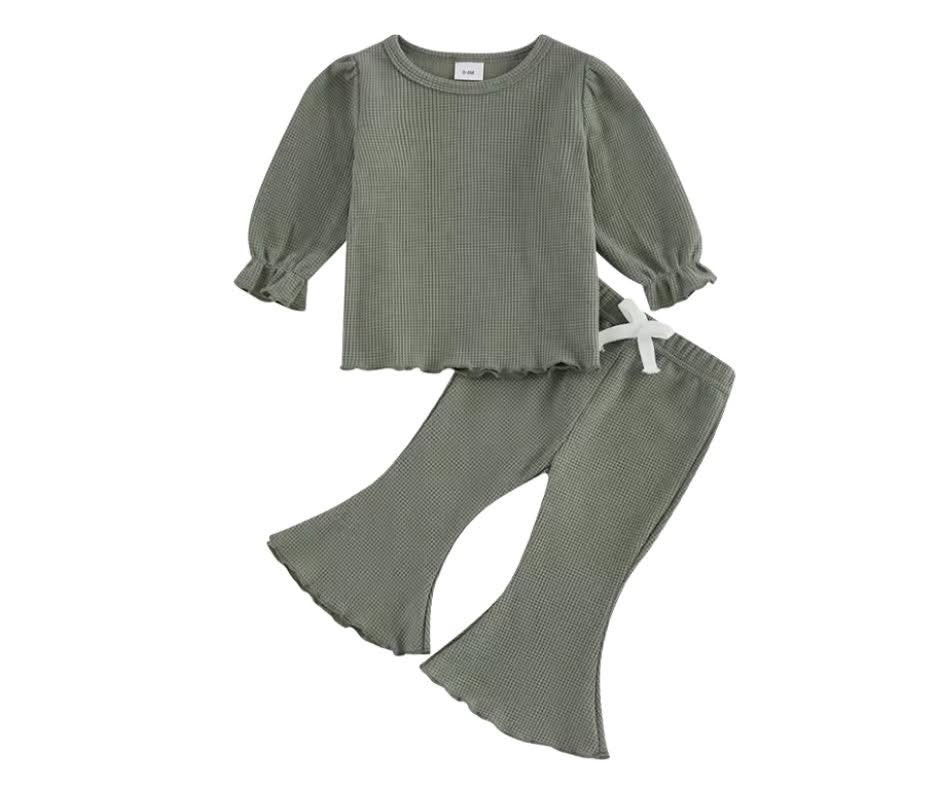 Sage Waffle Knit Bubble Sleeve Flare Pants Set-PREORDER