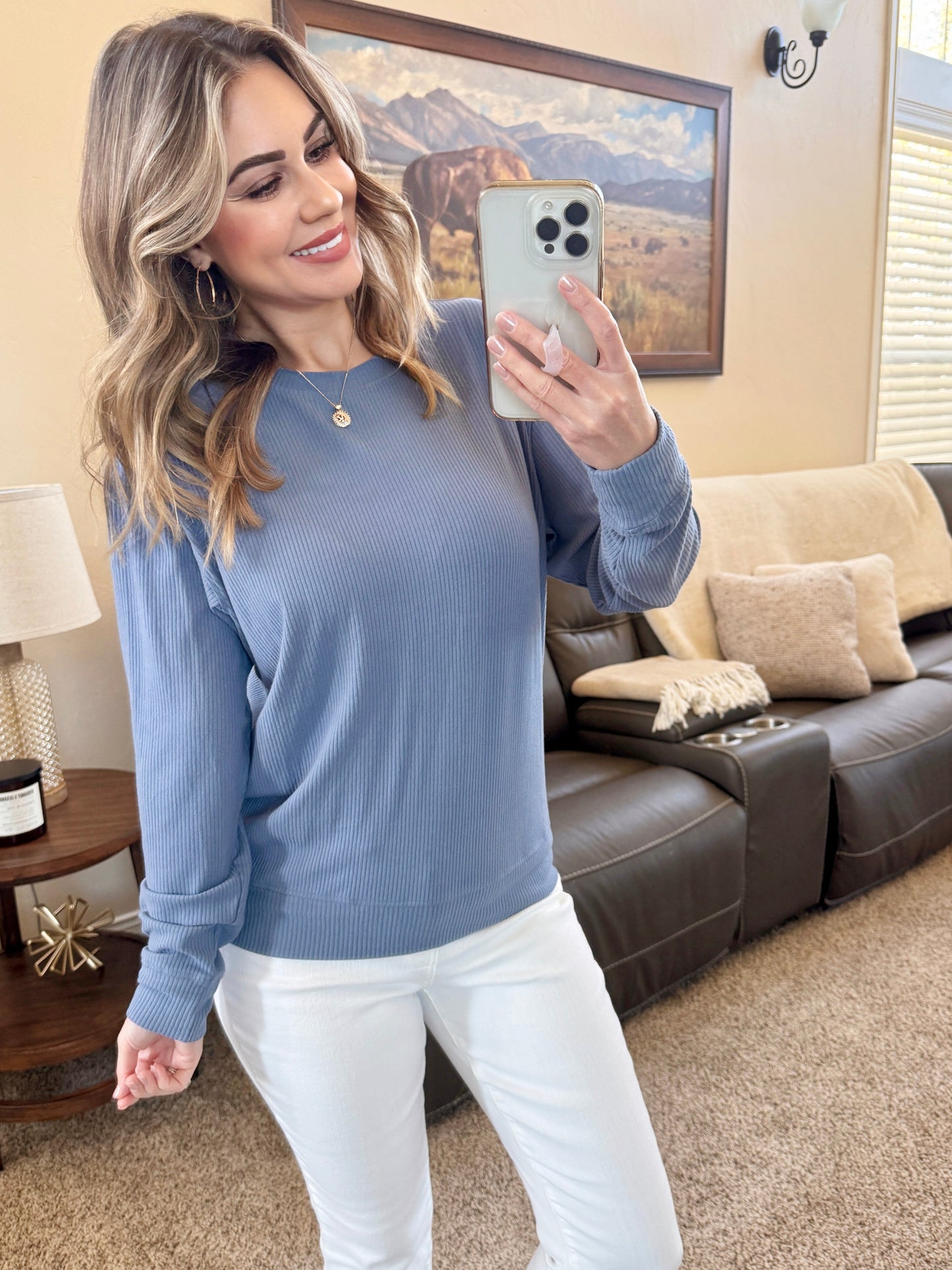 Corrine Ribbed Pullover Top - Denim