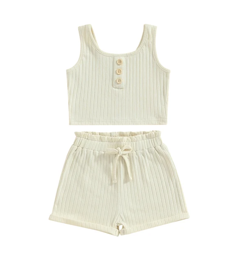 Ribbed Cream Tank Lounge Set-READY TO SHIP
