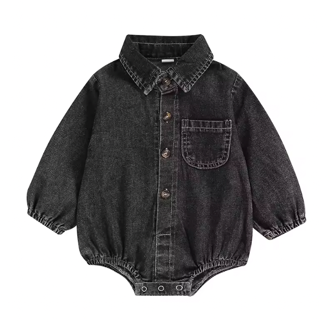 Black Denim Collared Romper READY TO SHIP