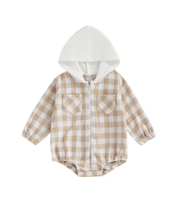 Tan Hooded Plaid Romper-PREORDER