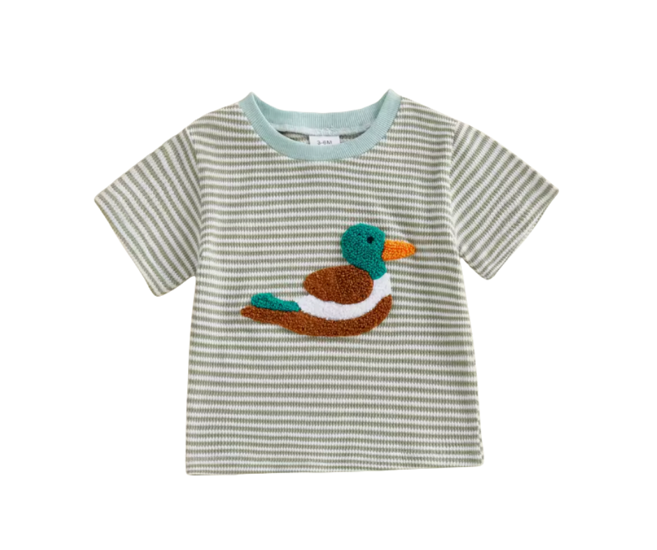 Green Striped Waffle Knit French Knot Duck Tee-PREORDER