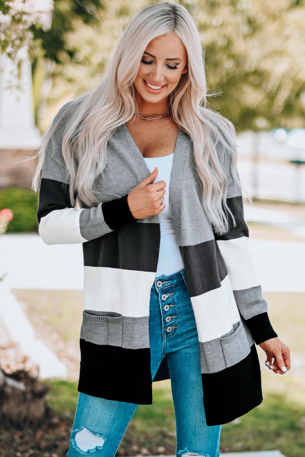 Color Block Ribbed Cuff Cardigan with Pockets