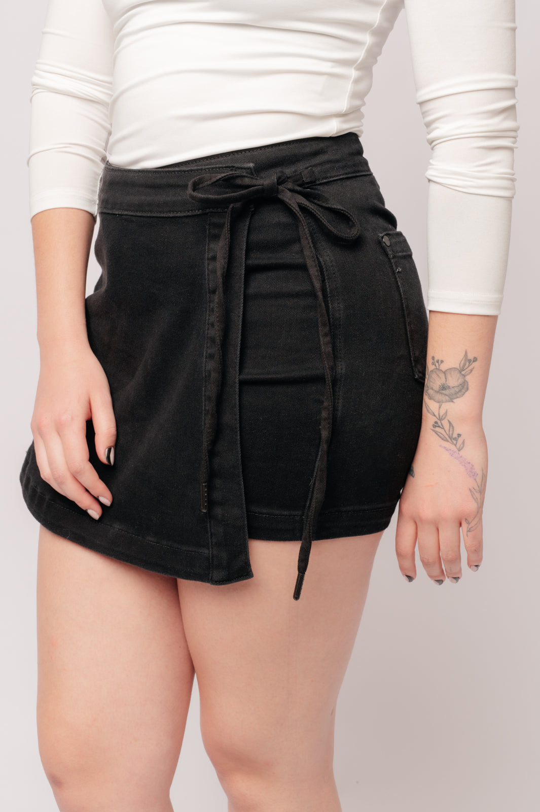 Bentli High Rise Side Tie Denim Skort in Black Judy Blue