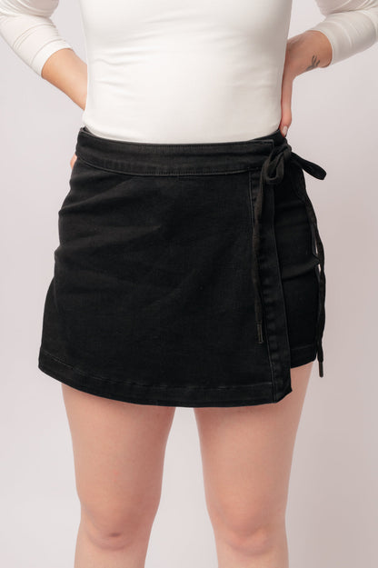 Bentli High Rise Side Tie Denim Skort in Black Judy Blue