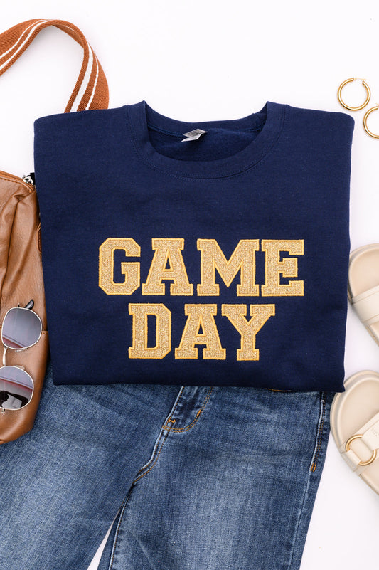 PREORDER: Embroidered Glitter Game Day Sweatshirt in Navy/Old Gold