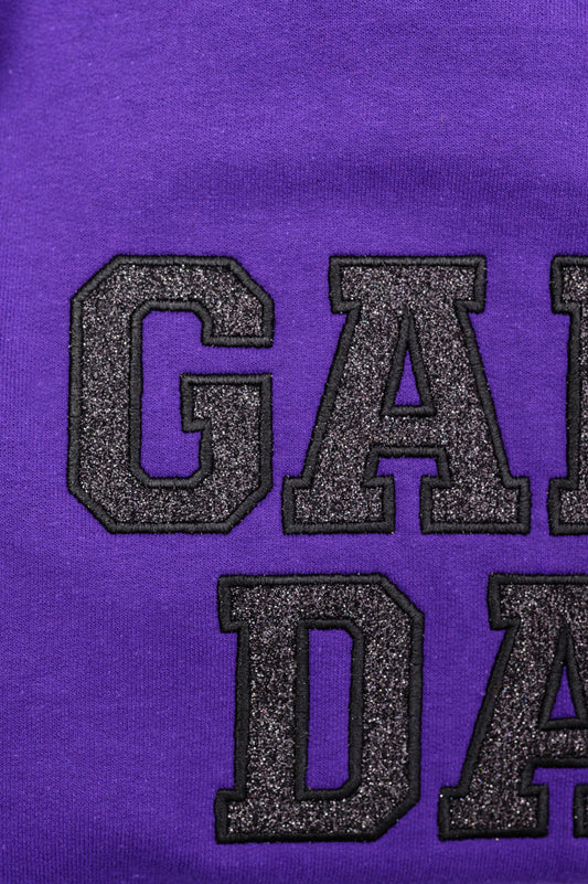 PREORDER: Embroidered Glitter Game Day Sweatshirt in Purple/Black