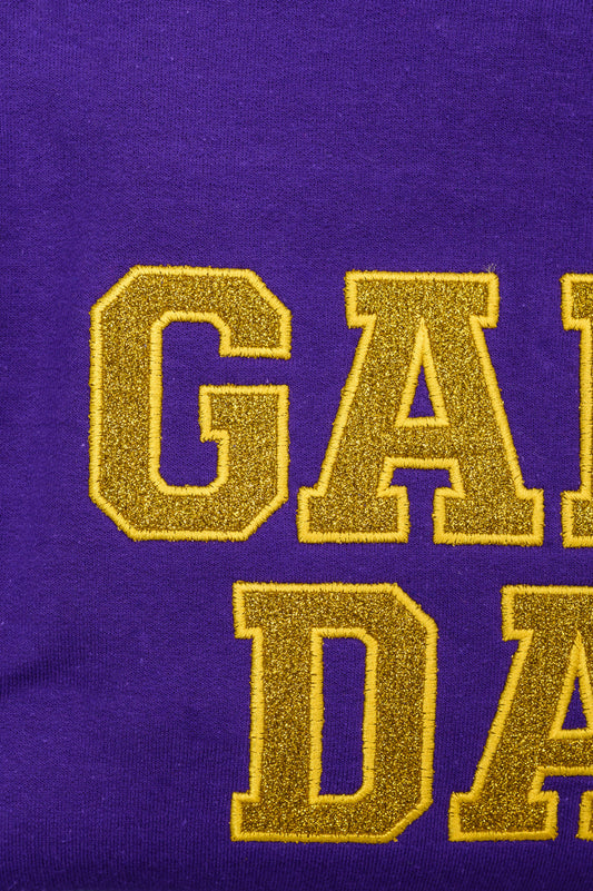 PREORDER: Embroidered Glitter Game Day Sweatshirt in Purple/Golden Yellow