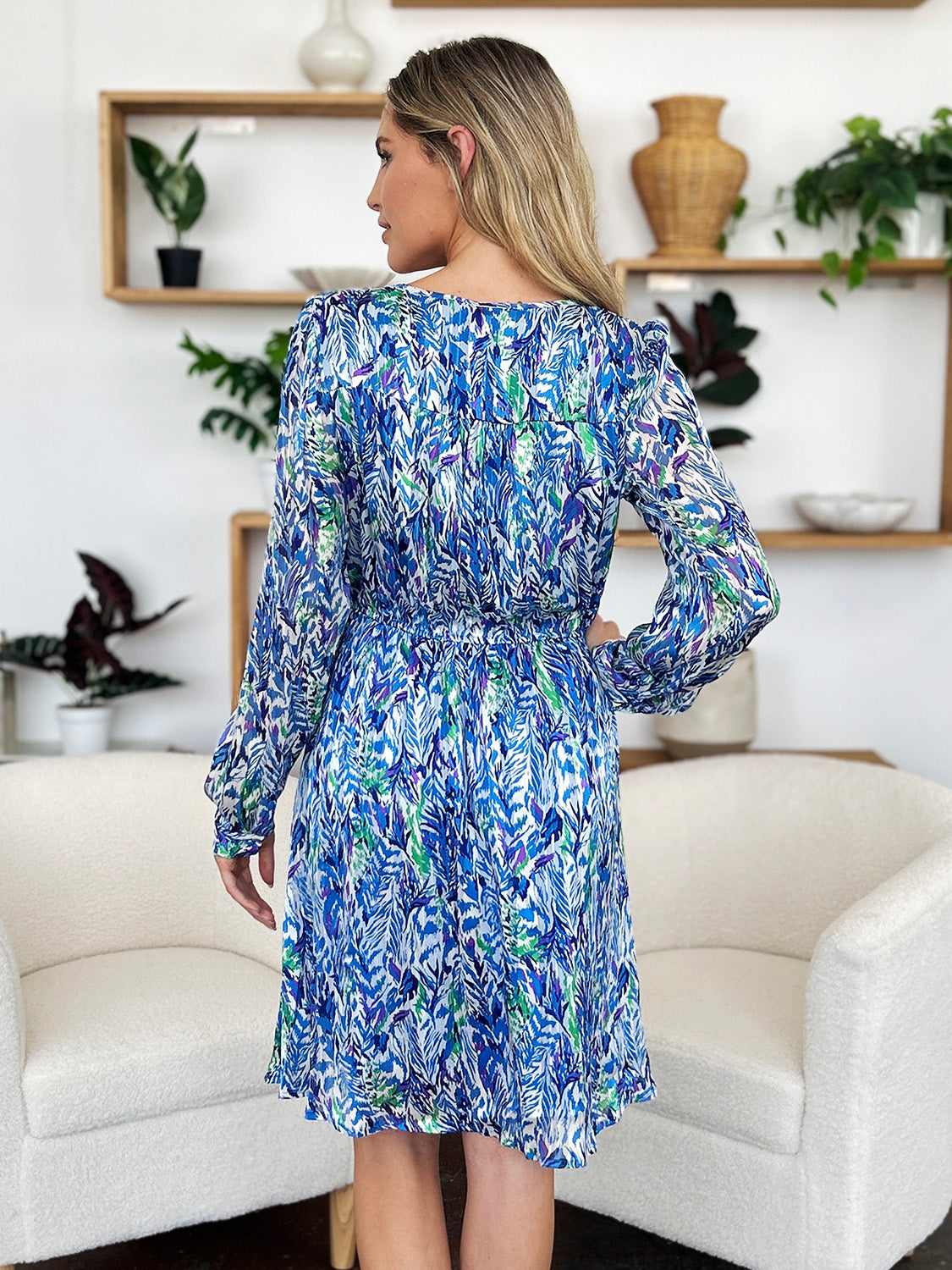 Double Take Full Size Printed Drawstring Waist Long Sleeve Dress