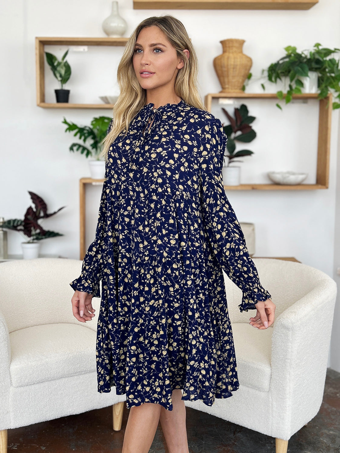 Double Take Full Size Printed Ruffle Hem Long Sleeve Dress