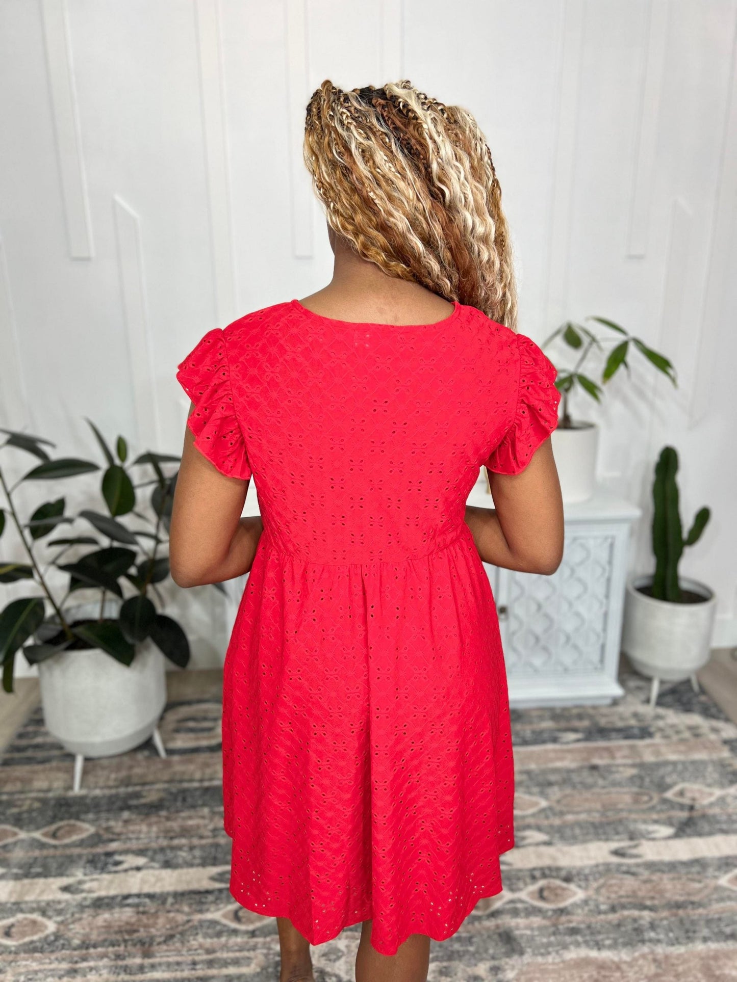 Rebecca Ruffle Sleeve Eyelet Dress-#7-Red