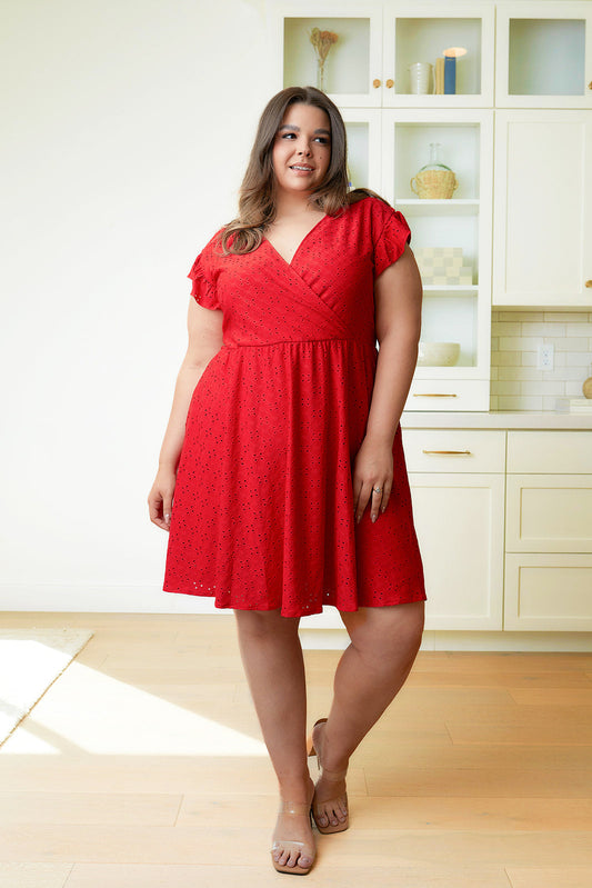 Rebecca Ruffle Sleeve Eyelet Dress-#7-Red