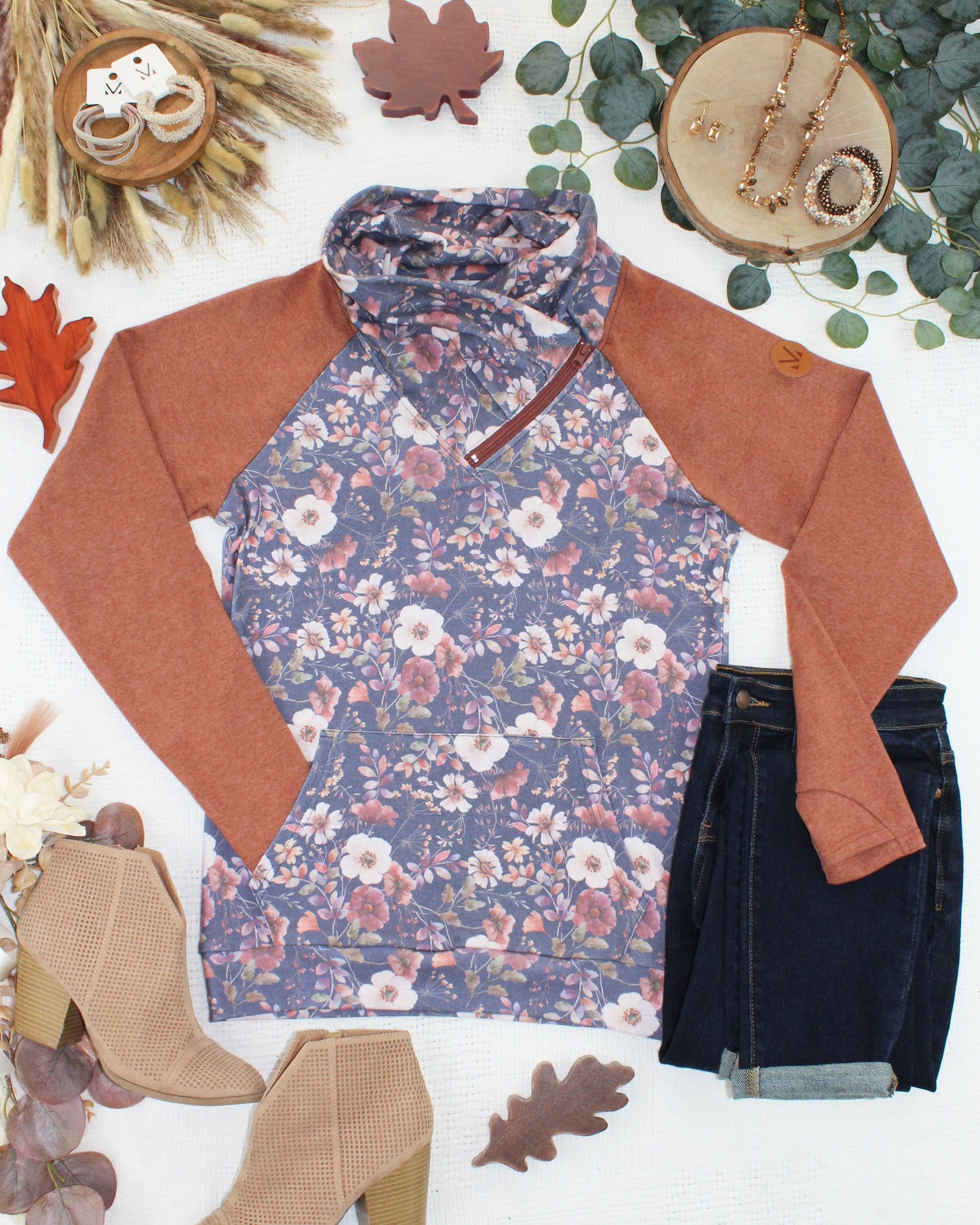 Classic Zoey ZipCCowl Sweatshirt - Blushwood Floral and Terra Cotta