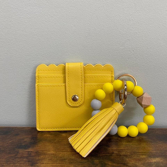 Silicone Bracelet Keychain with Scalloped Card Holder - Yellow Mustard