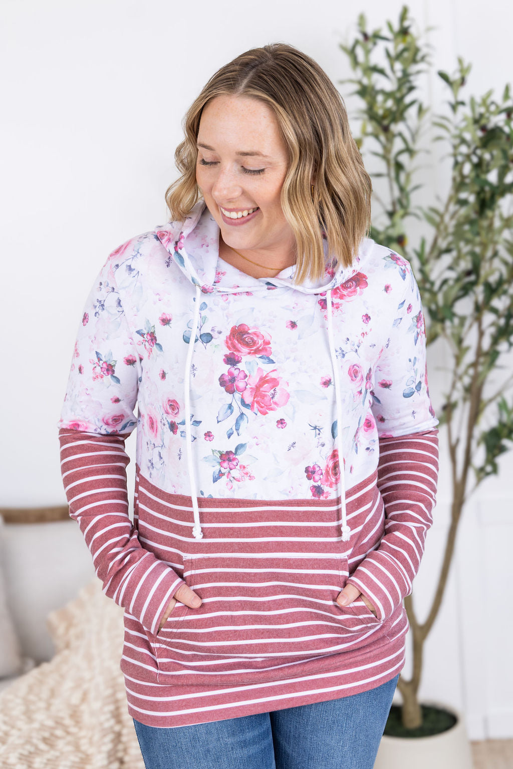 Hailey Pullover Hoodie - Pink Bloom and Stripes FINAL SALE
