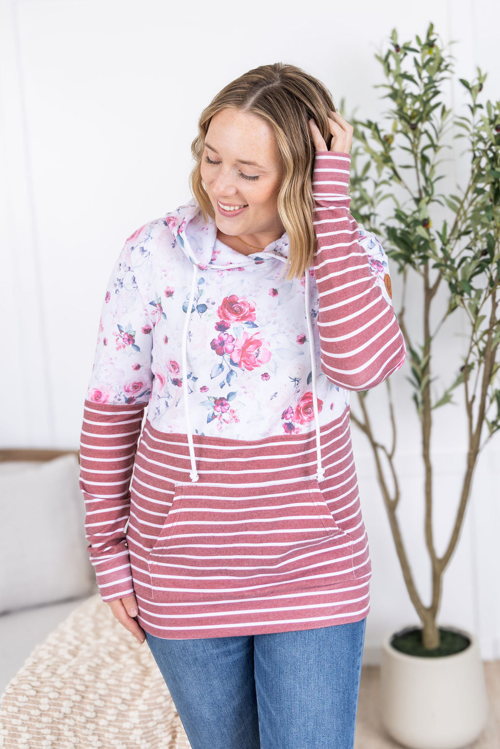 Hailey Pullover Hoodie - Pink Bloom and Stripes FINAL SALE