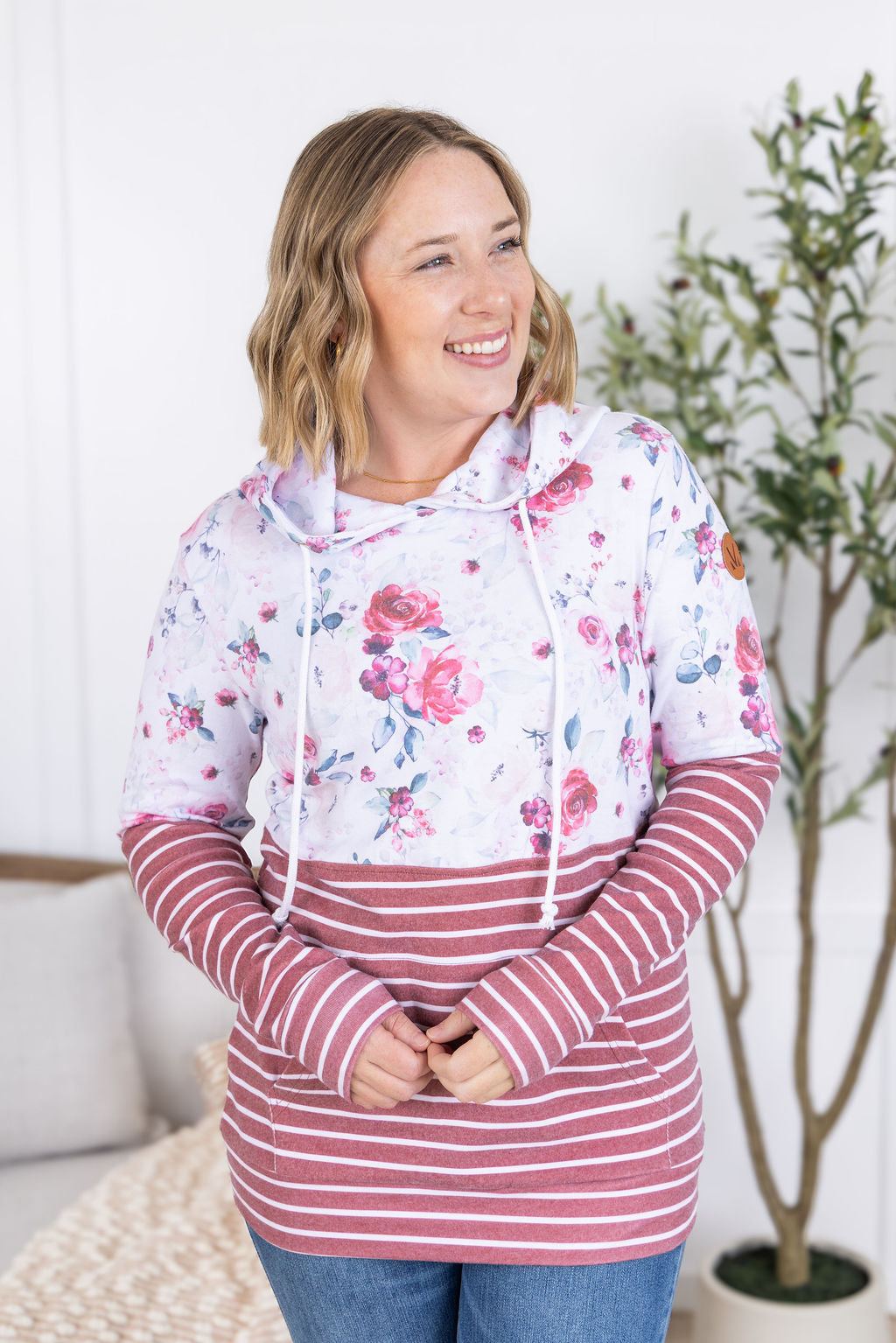Hailey Pullover Hoodie - Pink Bloom and Stripes FINAL SALE