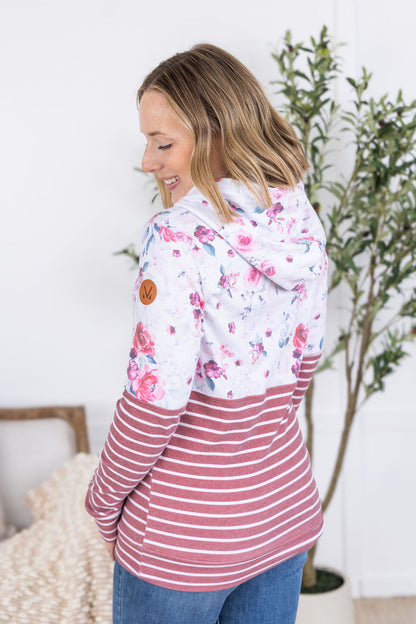 Hailey Pullover Hoodie - Pink Bloom and Stripes FINAL SALE