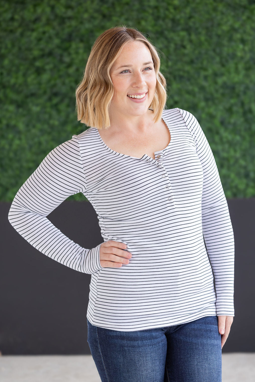 Striped Henley Long Sleeve - White FINAL SALE