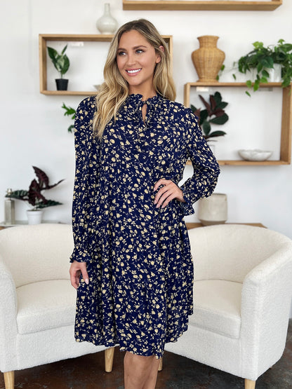 Double Take Full Size Printed Ruffle Hem Long Sleeve Dress