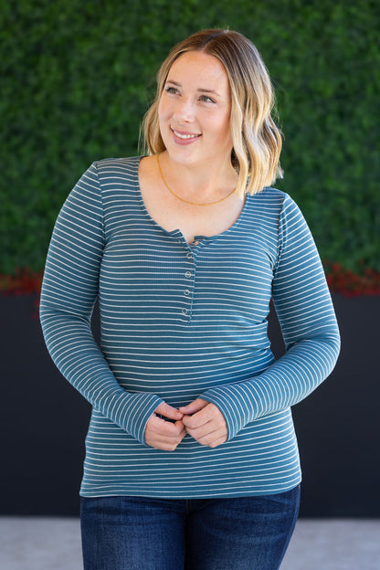 Striped Henley Long Sleeve - Dusty Teal FINAL SALE