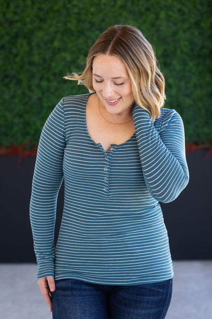 Striped Henley Long Sleeve - Dusty Teal FINAL SALE
