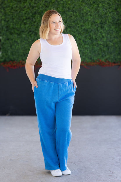 Wide Leg Vintage Wash Bottoms - Winter Blue