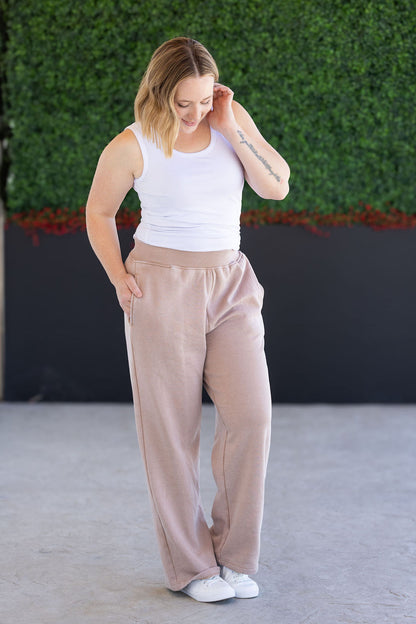 Wide Leg Vintage Wash Bottoms - Tan