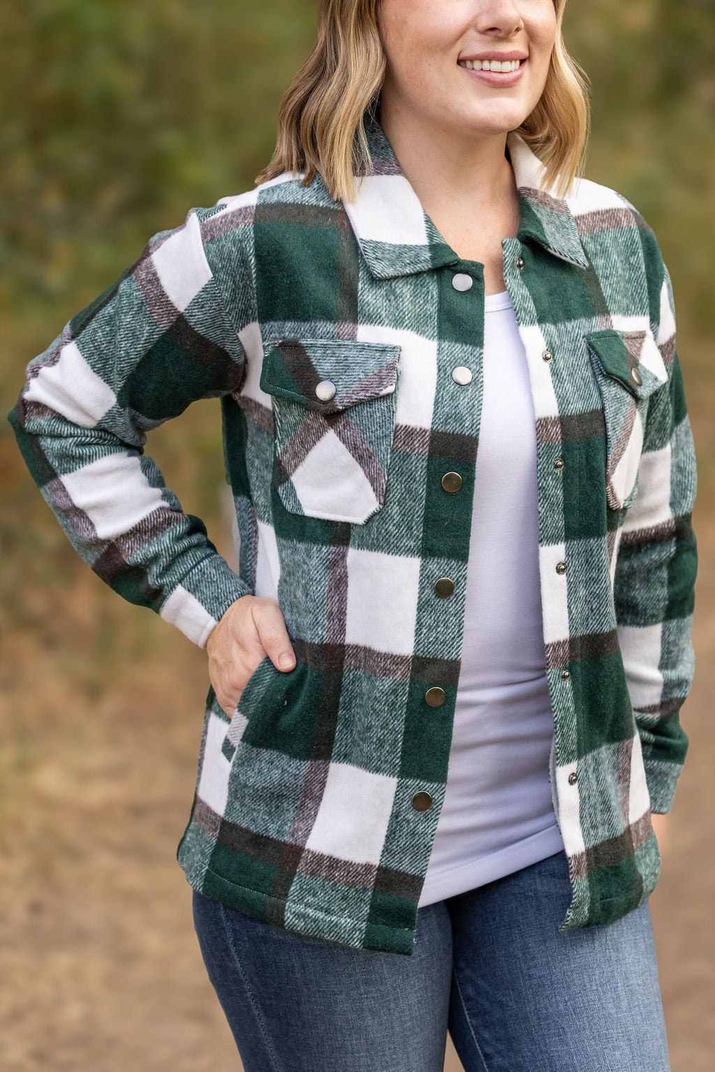 Norah Plaid Shacket - Evergreen and White