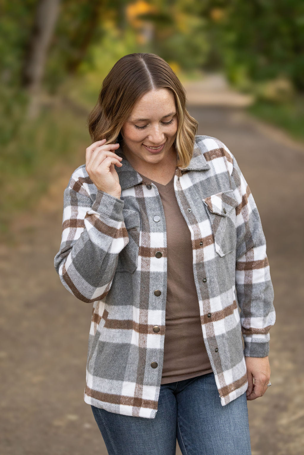 Norah Plaid Shacket - Grey and Tan