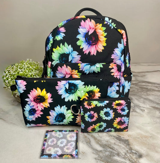 Mini Backpack, Pouch, & Mini Pouch Bundled Set - Rainbow Sunflower
