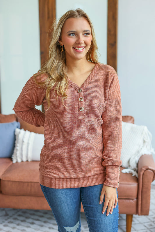 Brittney Button Sweater - Terra Cotta