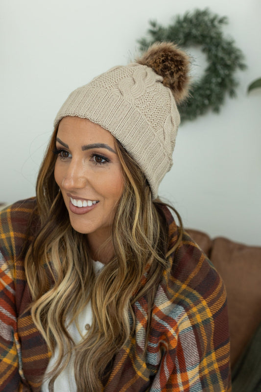 Carly Cable Knit Beanie - Tan