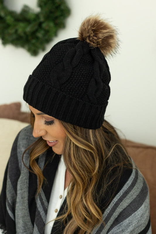 Carly Cable Knit Beanie - Black