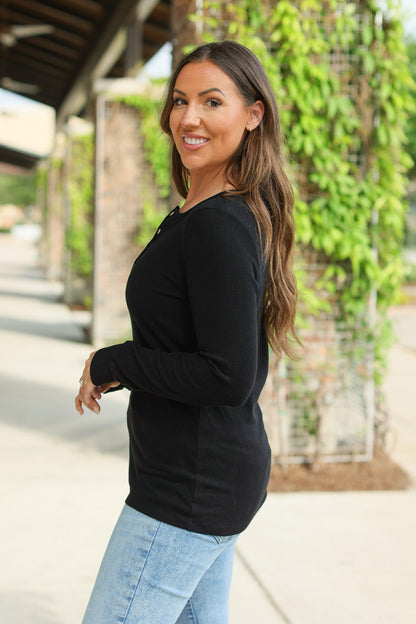 Brielle Henley Ribbed Long Sleeve - Black