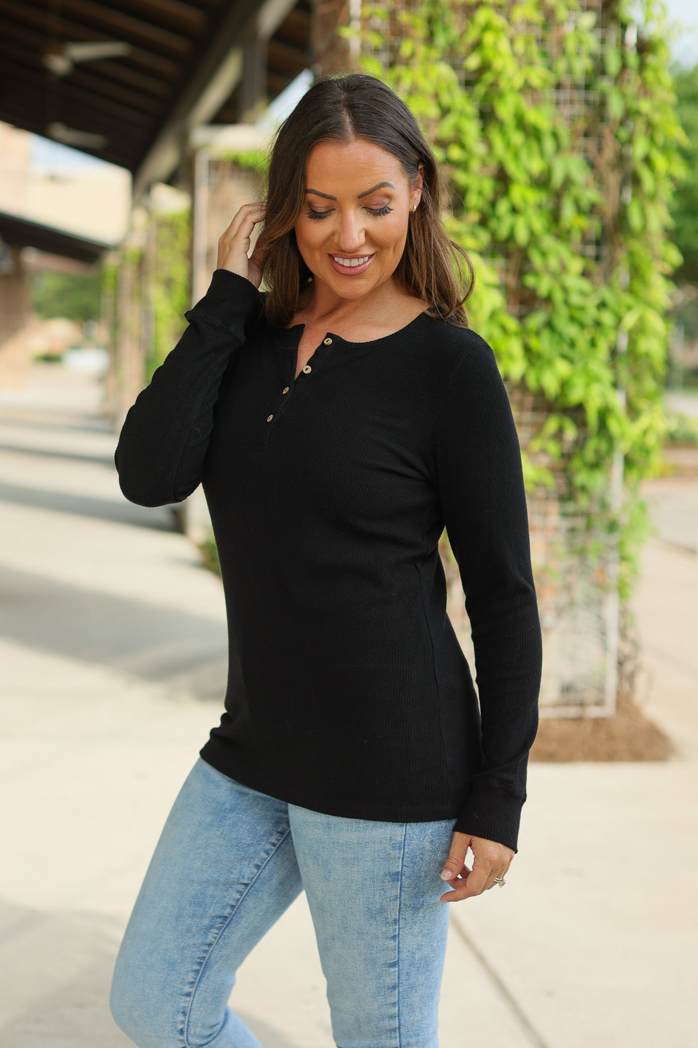 Brielle Henley Ribbed Long Sleeve - Black