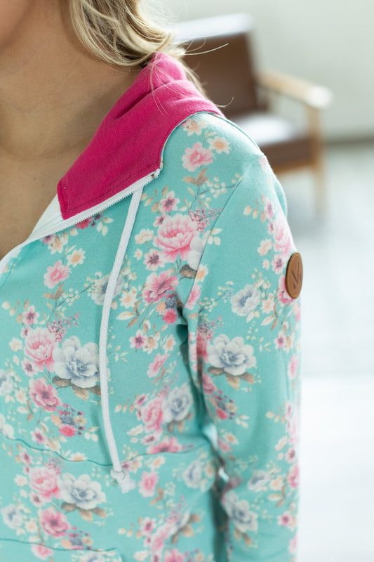 Classic Halfzip Hoodie - Mint Floral with Pink Accents