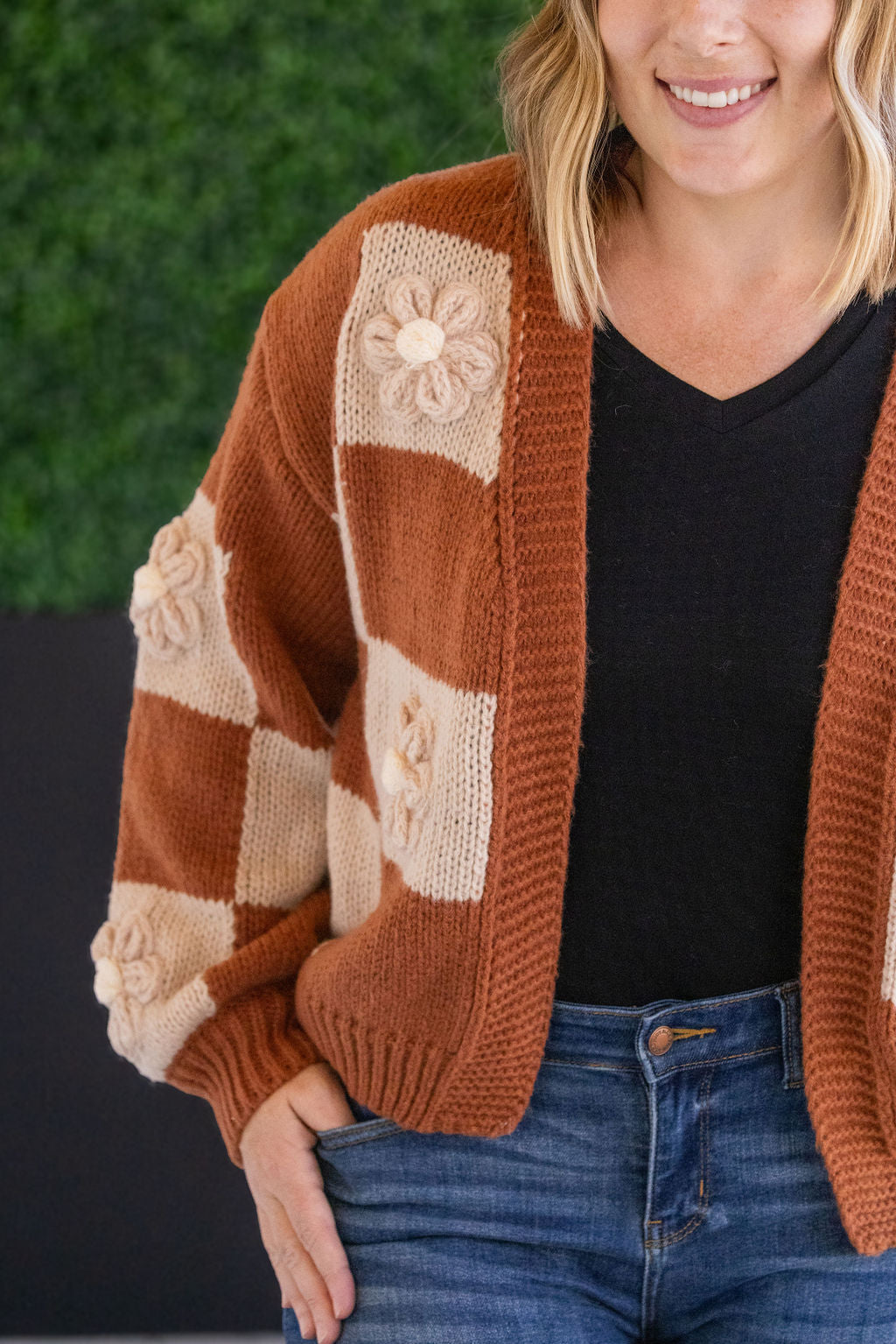 Floral Checker Cardigan - Rust