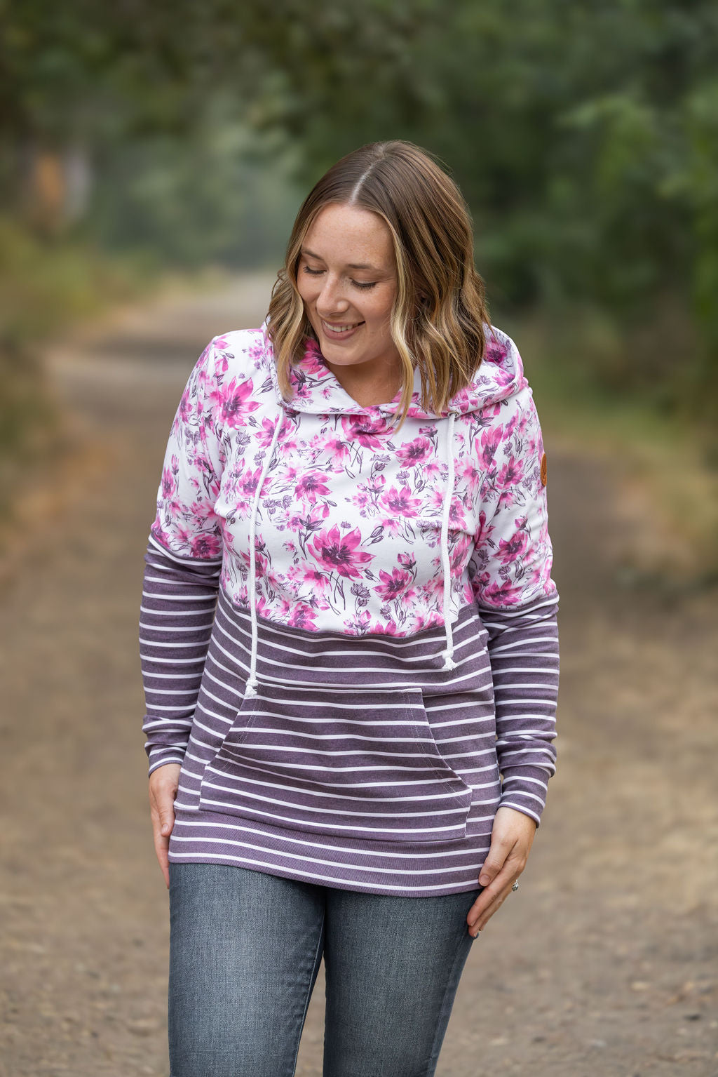 Hailey Pullover Hoodie - Pink Floral and Stripes