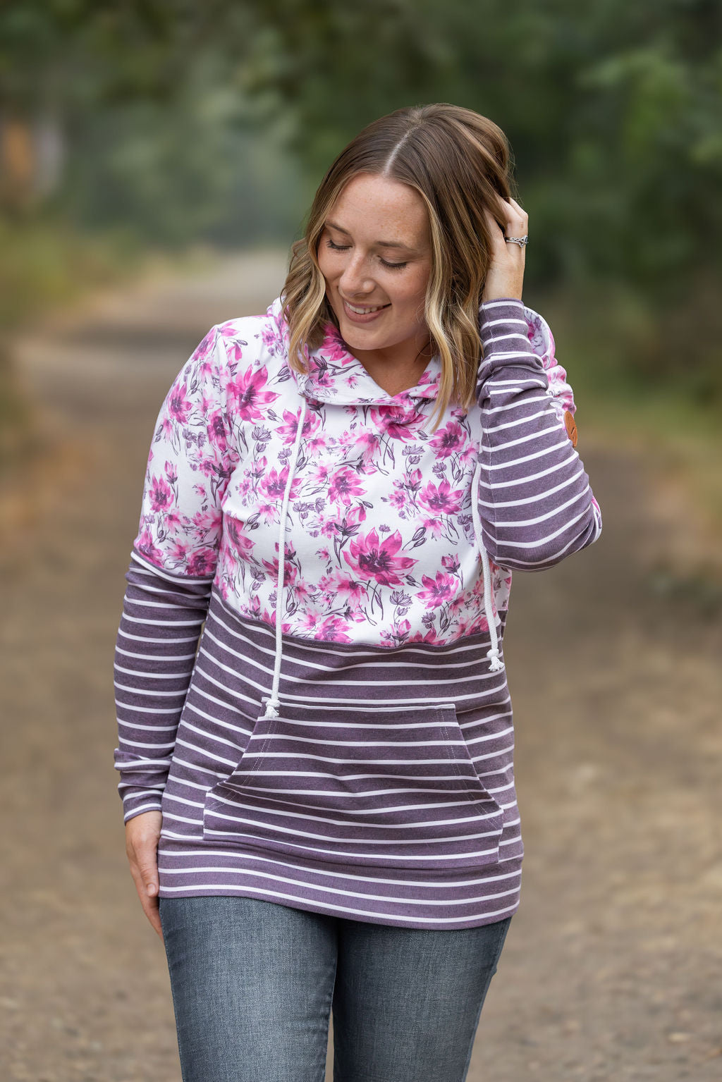 Hailey Pullover Hoodie - Pink Floral and Stripes