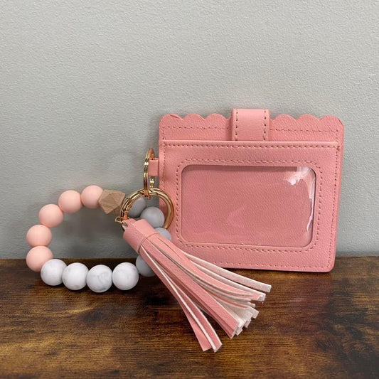 Silicone Bracelet Keychain with Scalloped Card Holder - Peachy Pink
