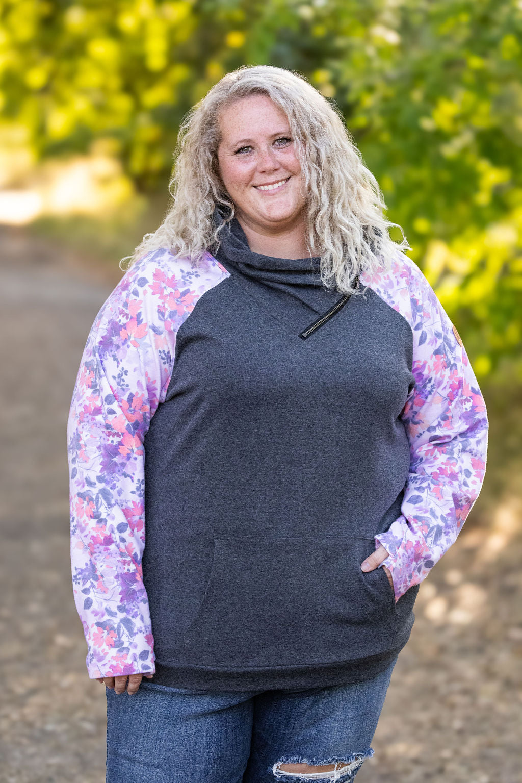 Zoey ZipCowl - Charcoal and Fall Floral Leaves