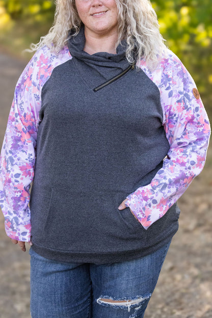 Zoey ZipCowl - Charcoal and Fall Floral Leaves