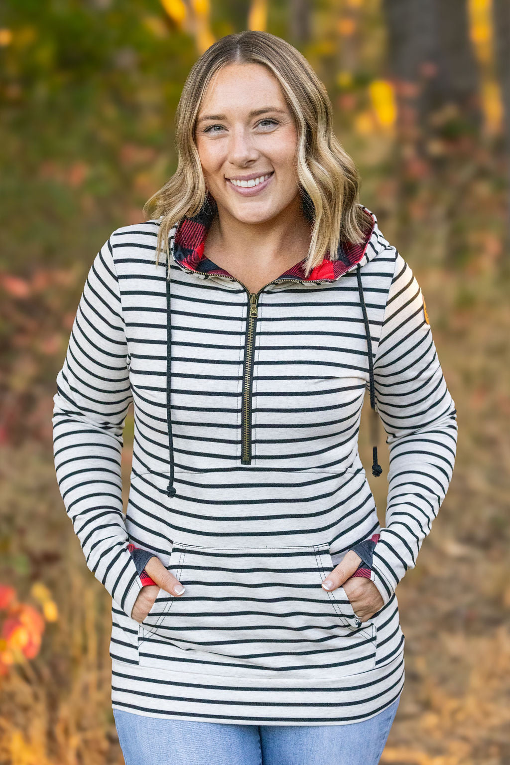 HalfZip Hoodie - Oatmeal Stripes and Buffalo Plaid