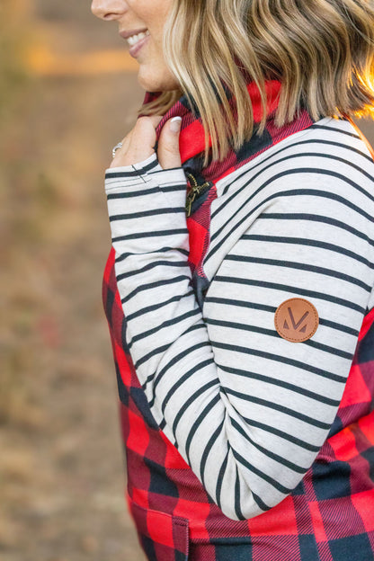 Zoey ZipCowl - Buffalo Plaid and Oatmeal Stripes