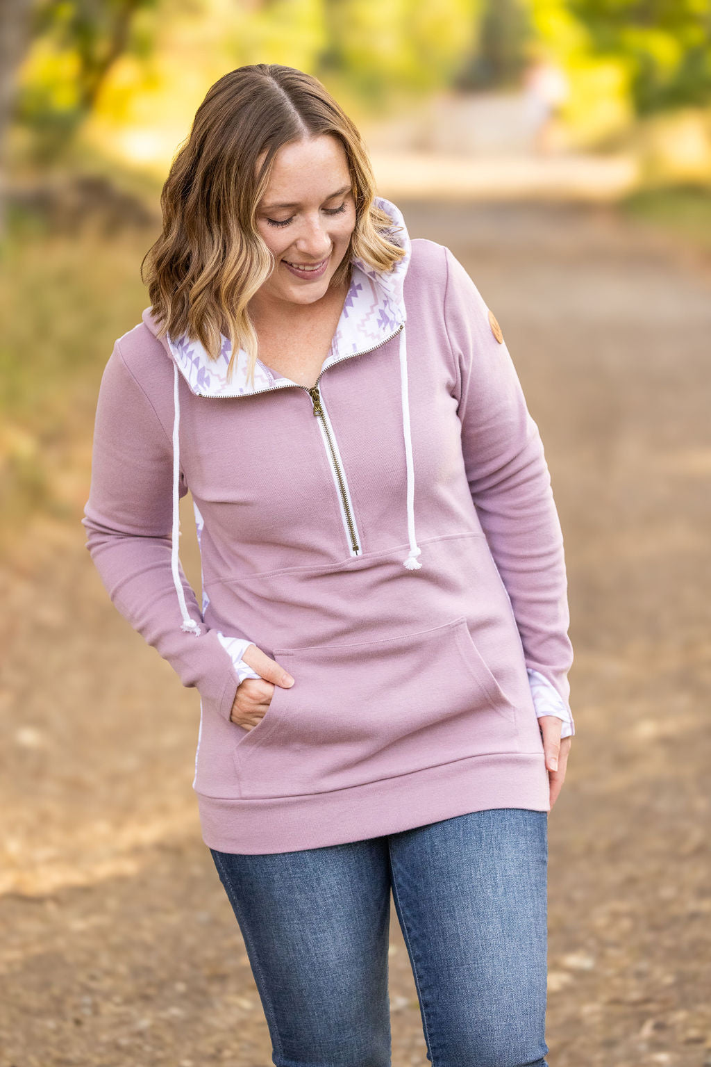 HalfZip Hoodie - Mauve and White Geometric