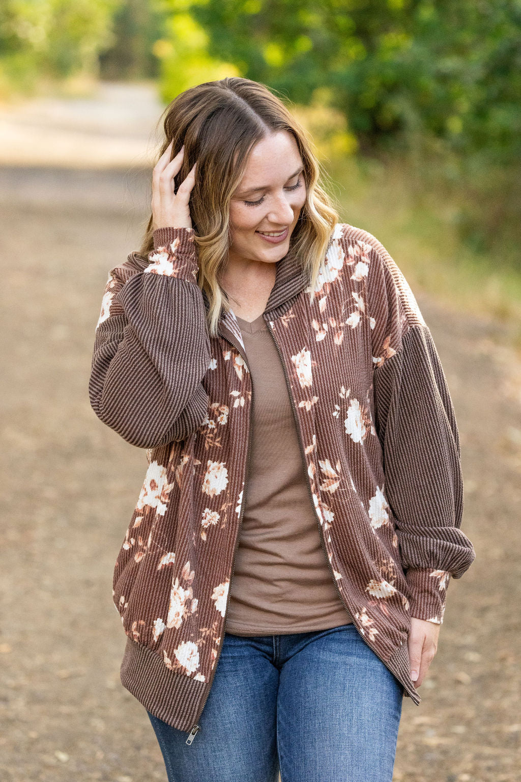 Ramona Ribbed Floral Zip Up - Brown