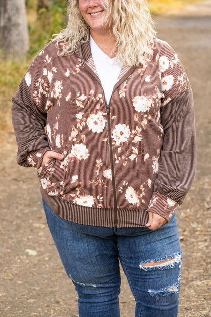 Ramona Ribbed Floral Zip Up - Brown