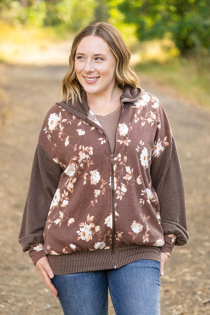 Ramona Ribbed Floral Zip Up - Brown